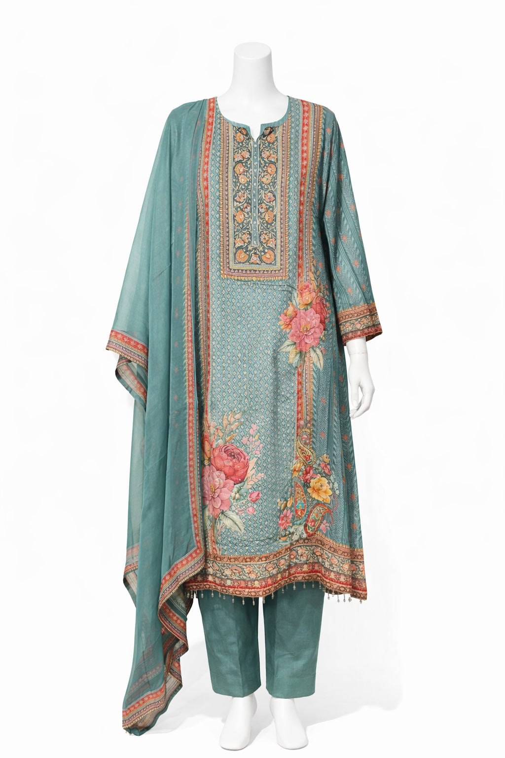 Teal Bloom Printed Suit Set with Dupatta