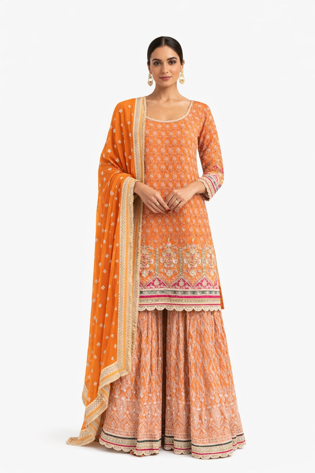 Orange Embroidered Sharara Suit with Dupatta
