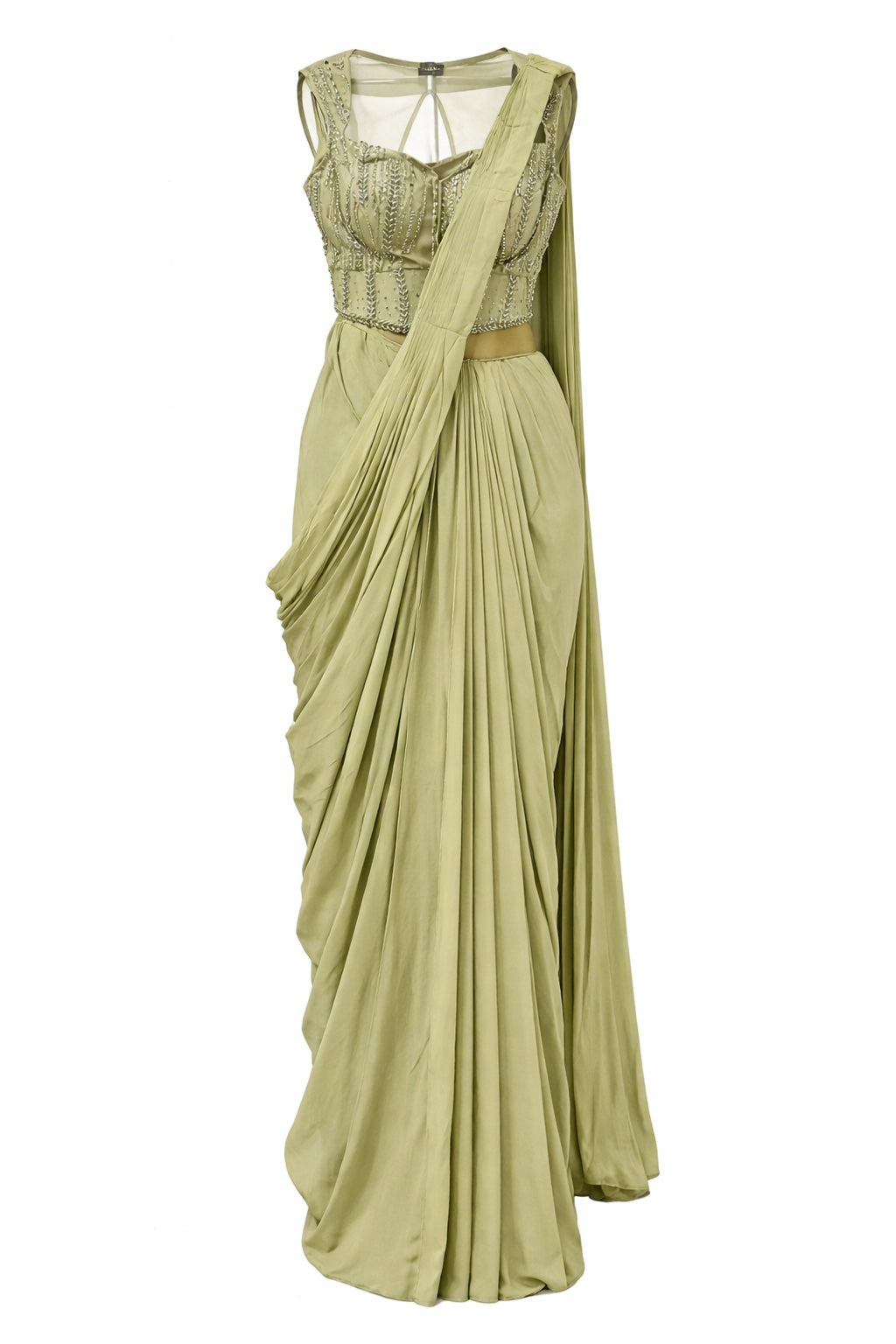 Sage Green Draped Saree Set with Corset Blouse