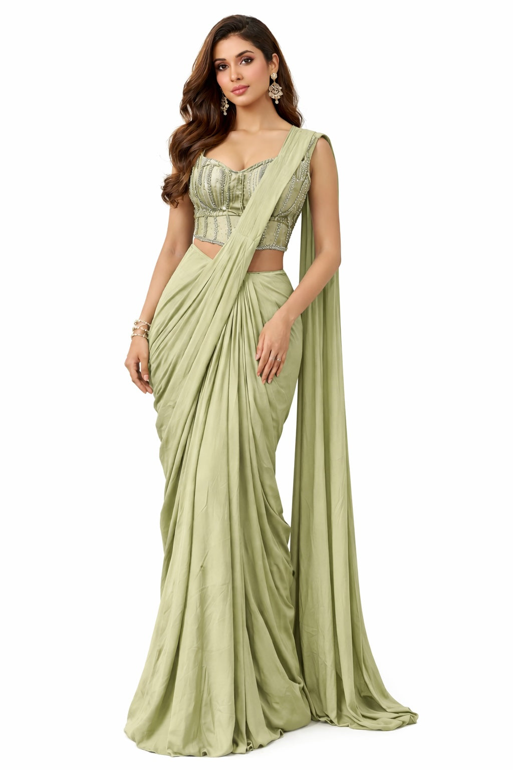 Sage Green Draped Saree Set with Corset Blouse