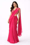 Hot Pink Draped Saree with Embroidered Blouse