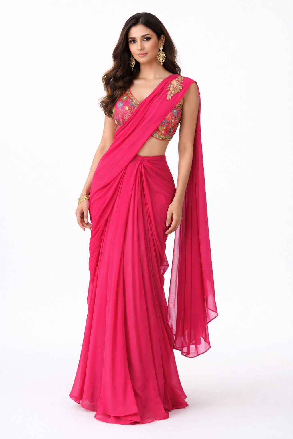 Hot Pink Draped Saree with Embroidered Blouse