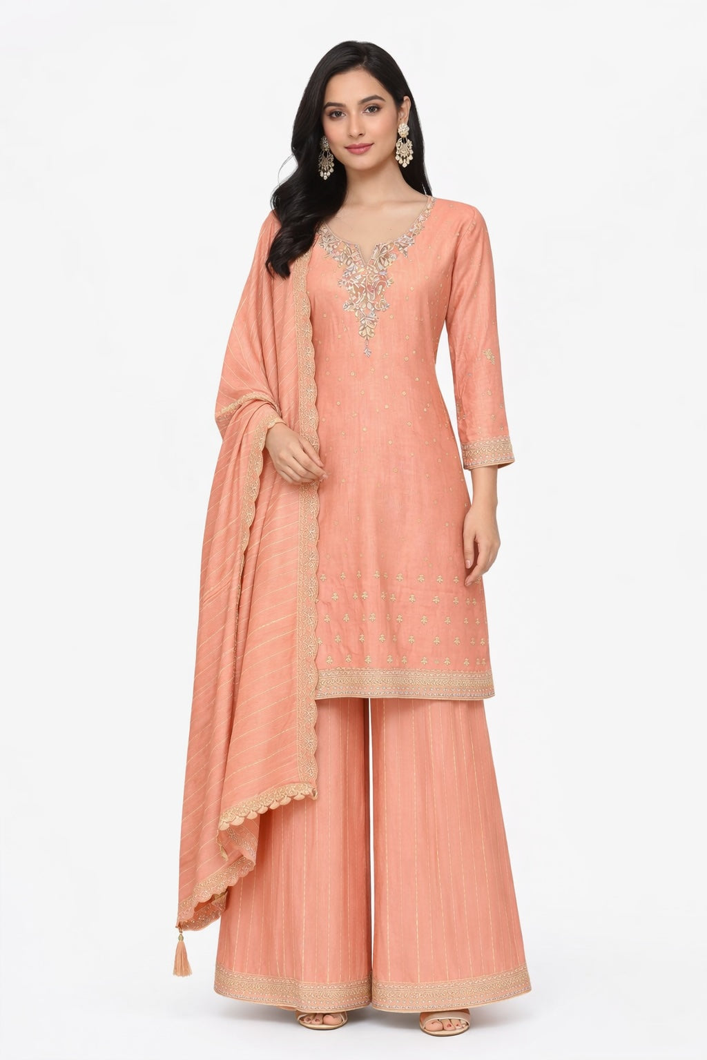 Peach Embroidered Sharara Set