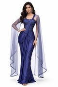 Midnight Blue Draped Saree with Corset Blouse & Cape