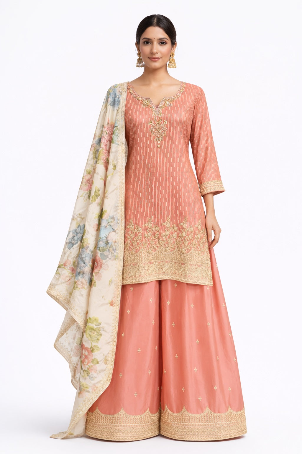 Peach Floral Embroidered Sharara Set