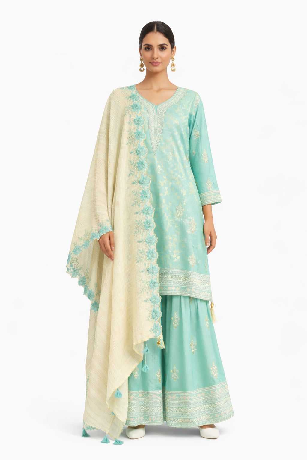 Mint & Ivory Embroidered Sharara Set