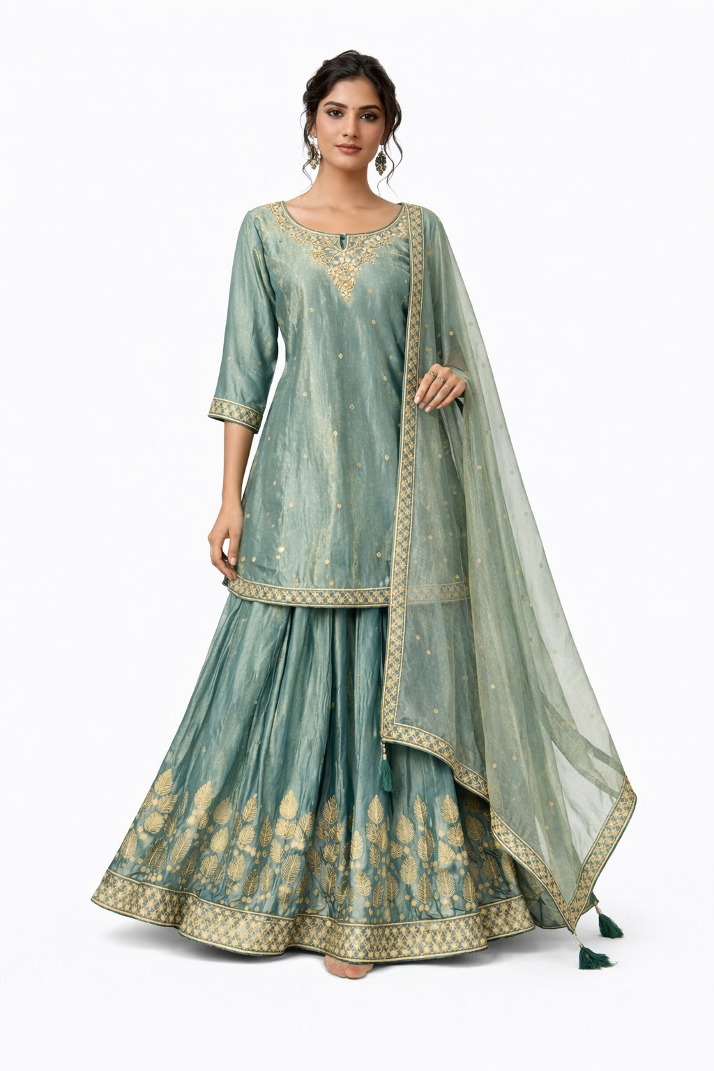 Sage Green Embroidered Sharara Set