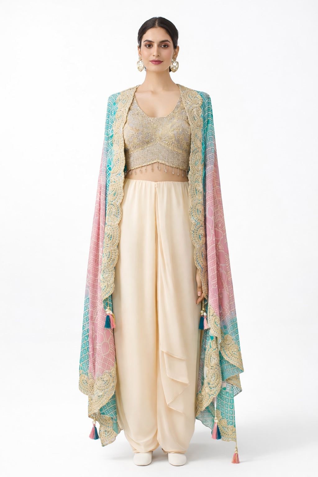 Woman wearing a traditional outfit with a long, colorful jacket on a white background