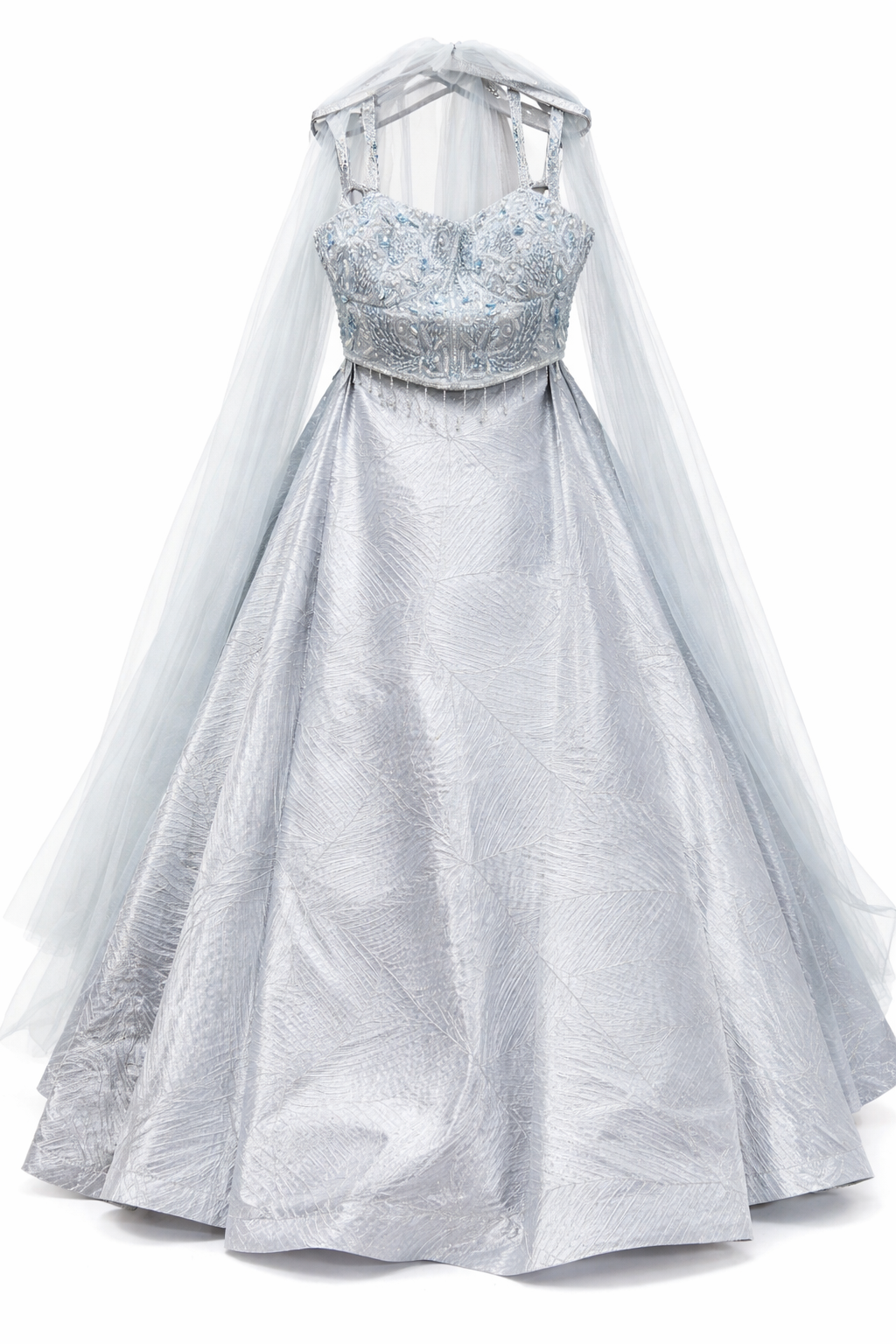 Ice Blue Silk Lehenga Set with Embellished Blouse & Sheer Dupatta