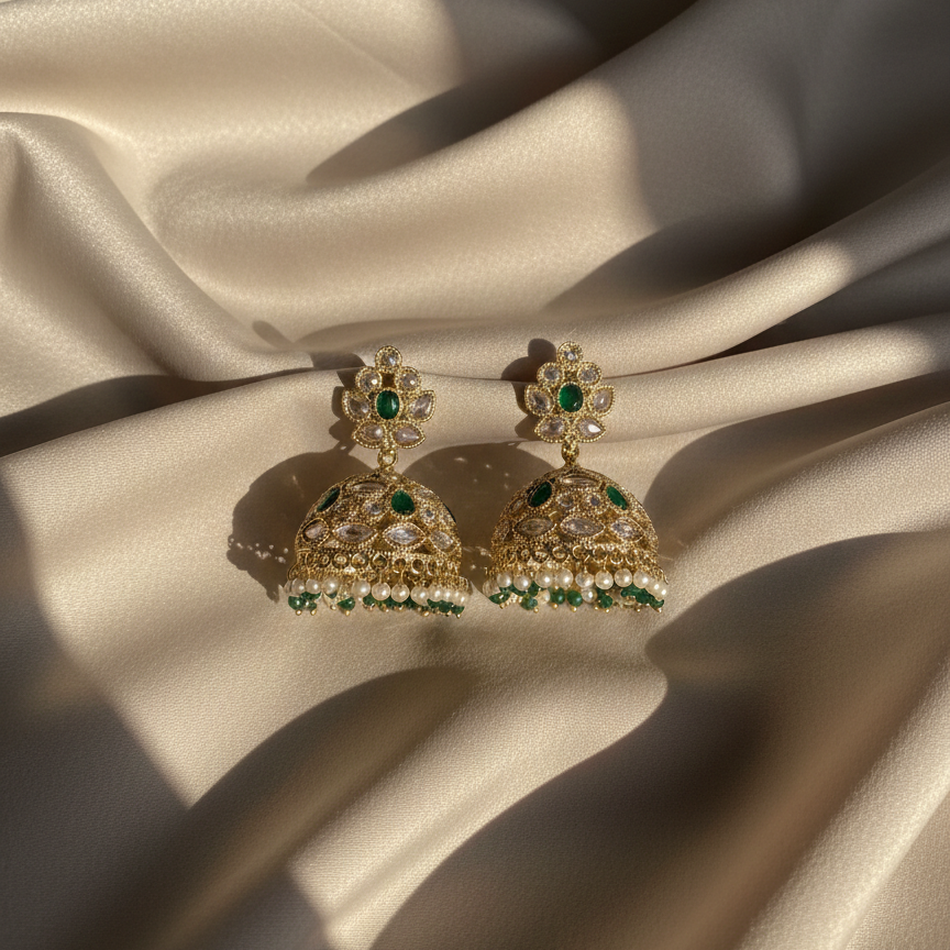 Gold earrings with green gemstones on beige fabric