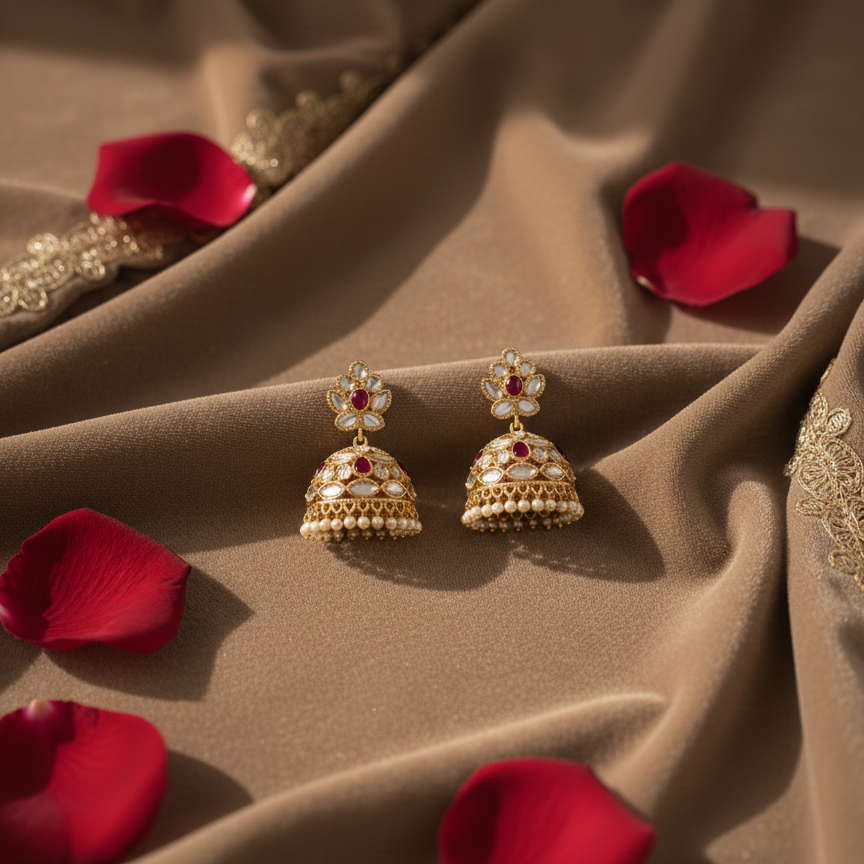 Gold earrings with red stones on a brown fabric background with red rose petals