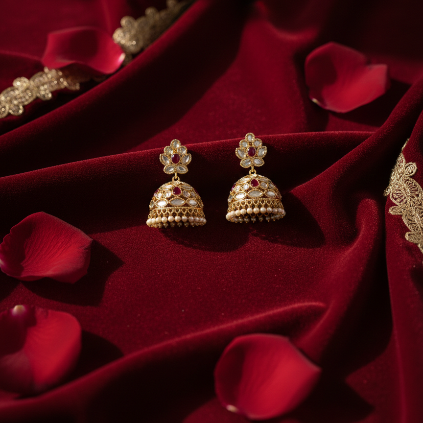 Gold earrings with floral designs on a red fabric background