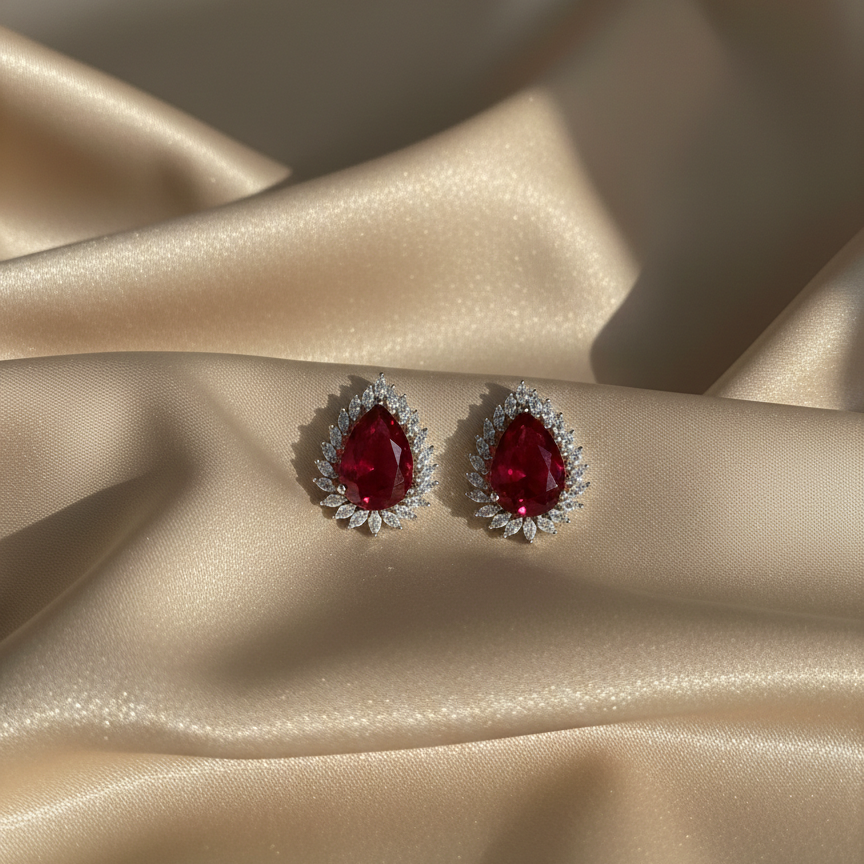 Pair of earrings with red gemstones on a beige fabric background