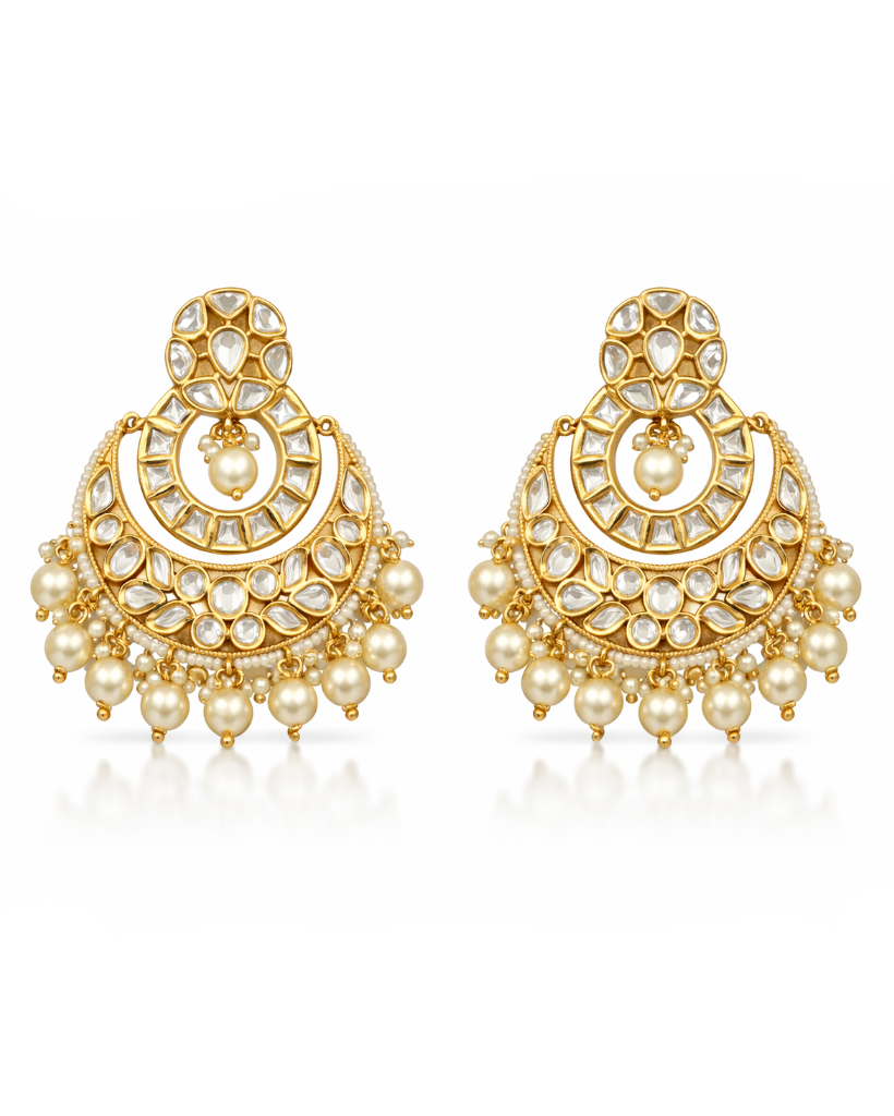 Pair of gold and pearl earrings on a white background