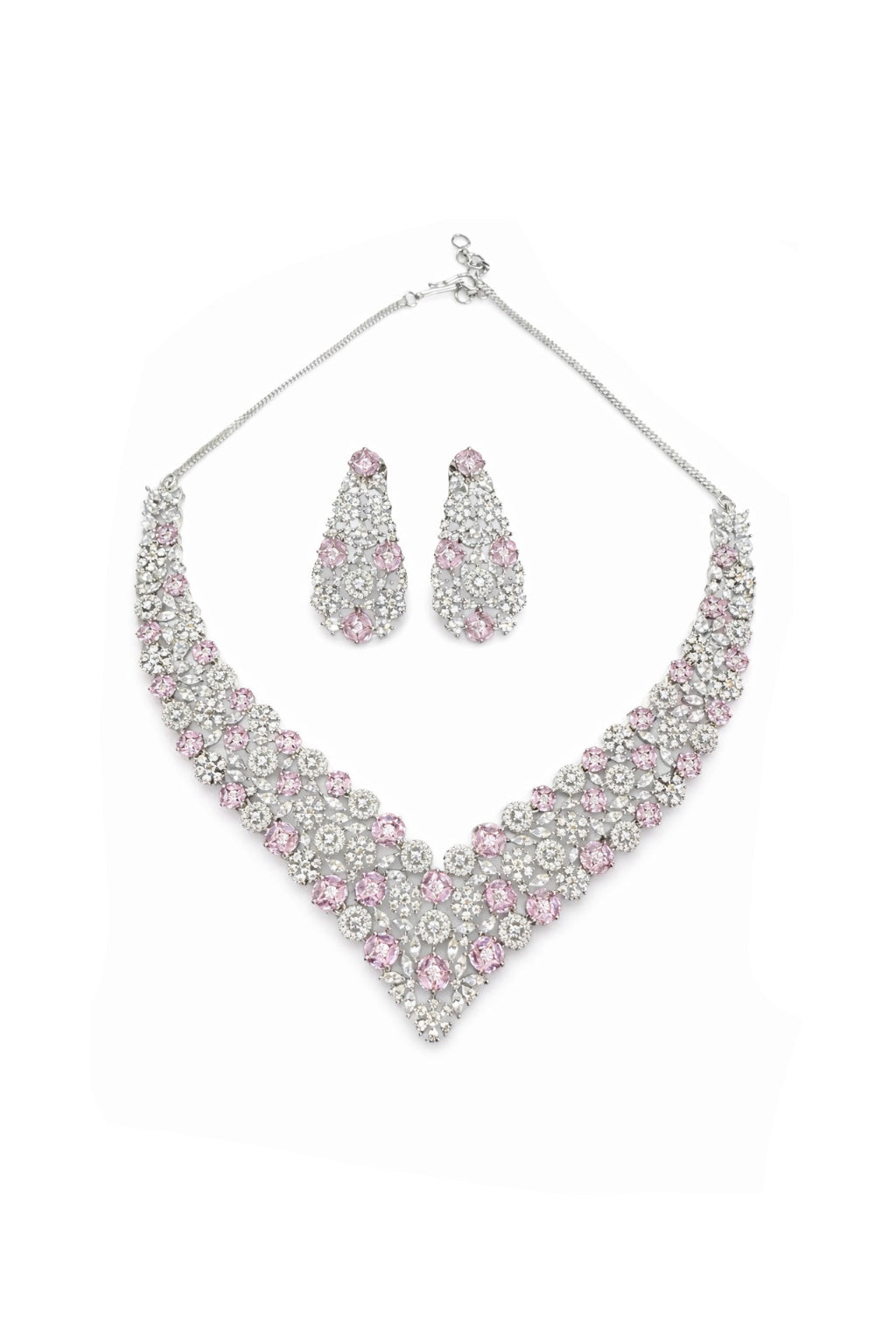 Jewelry set with necklace and earrings featuring pink and clear stones on a white background