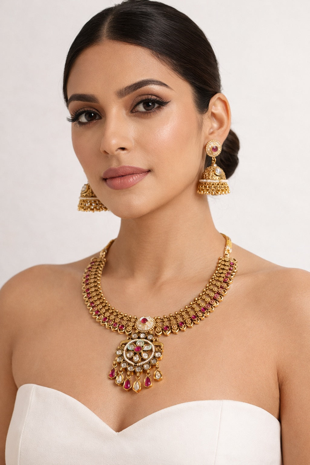 Woman wearing gold jewelry with a white background