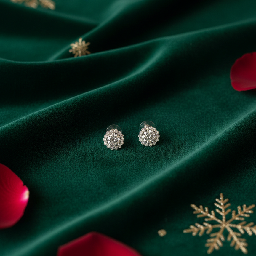 Silver earrings on a green fabric background with red rose petals and gold snowflakes.