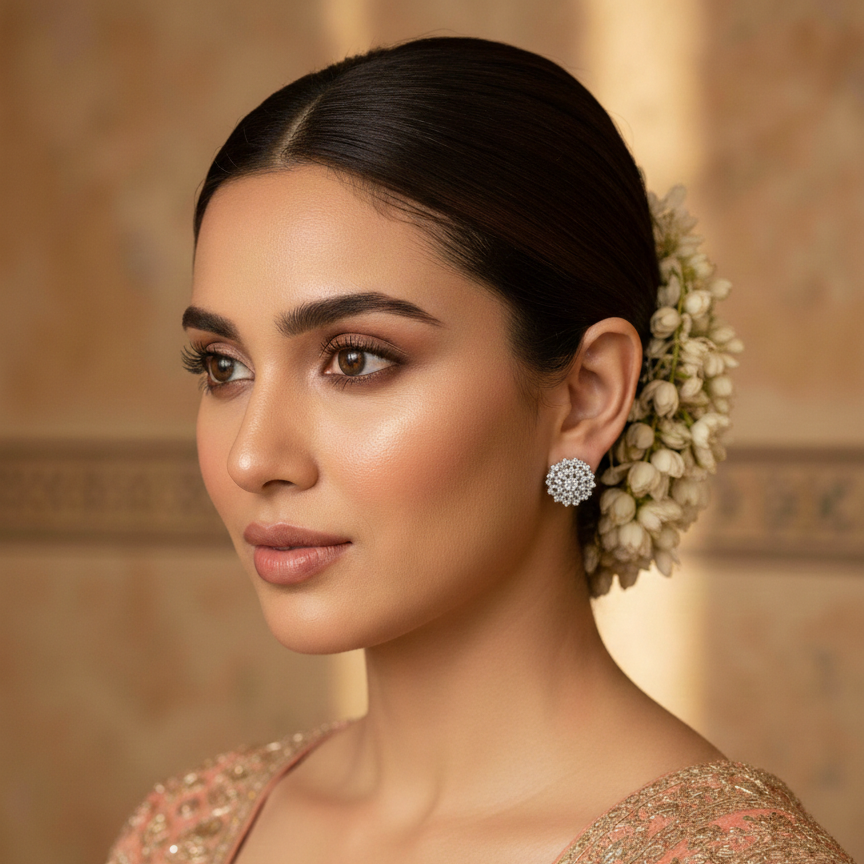 Woman wearing traditional jewelry with a neutral background