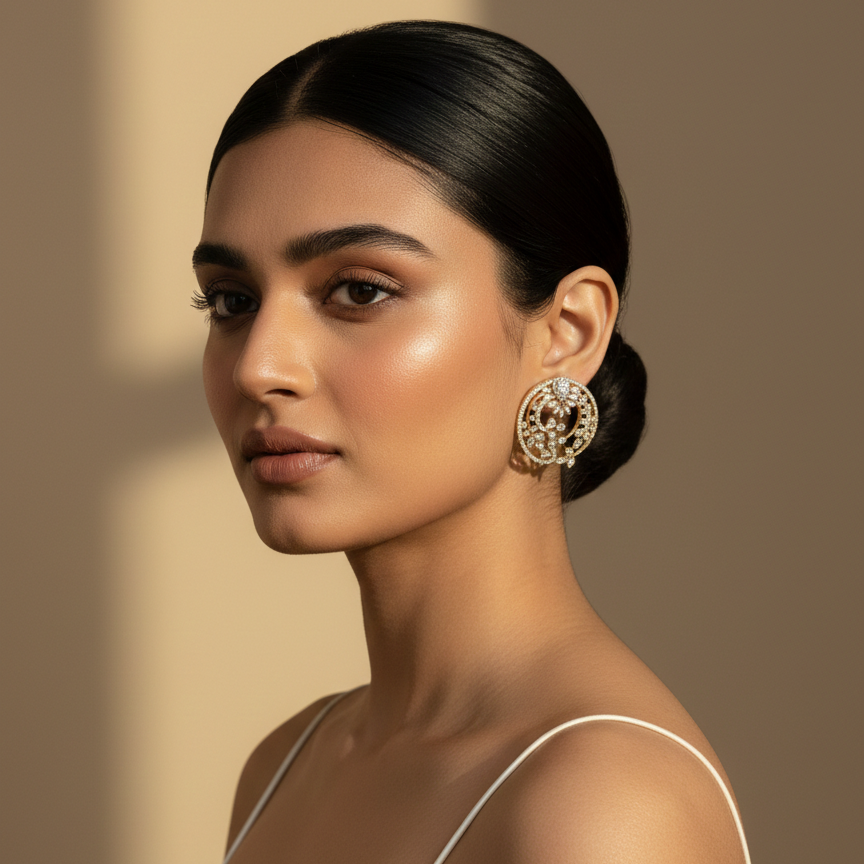 Woman wearing gold earrings against a beige background